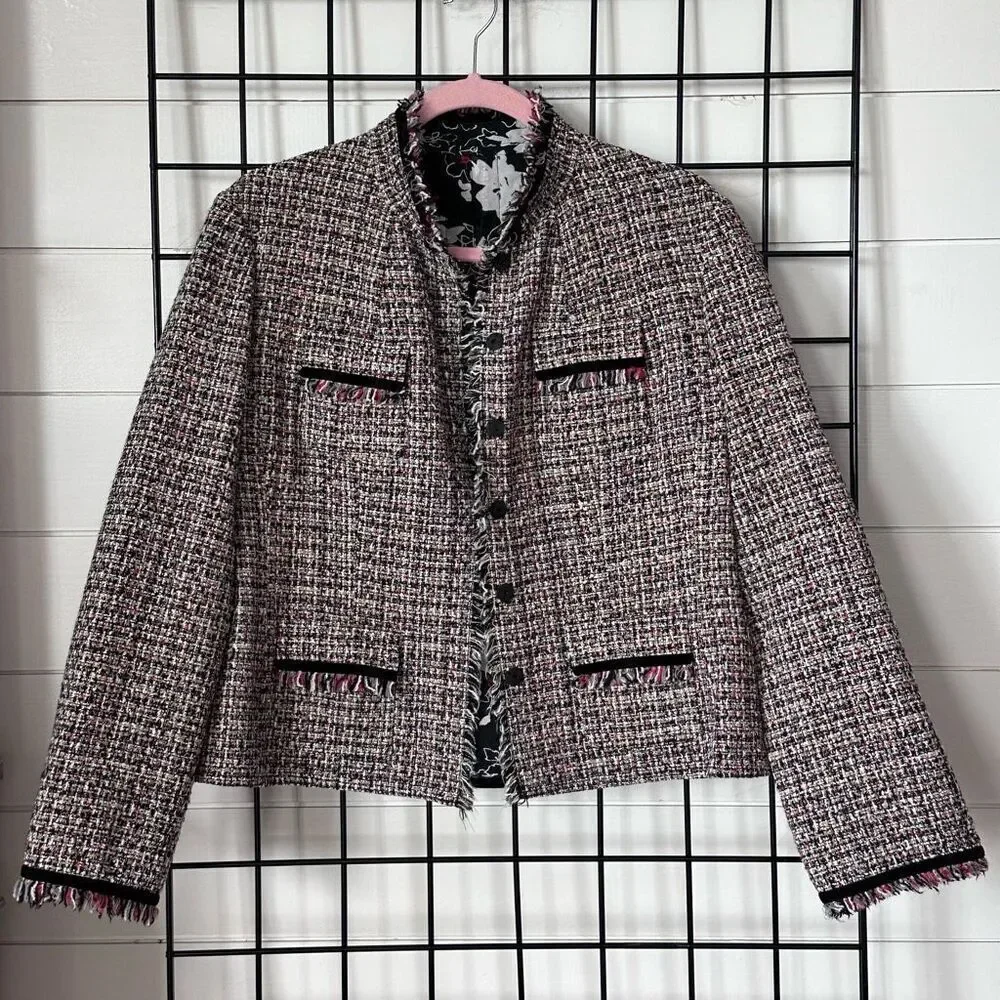 VTG Bay Studio Tweed Fringe Blazer Womens‎ 12 Multicolor Reversible